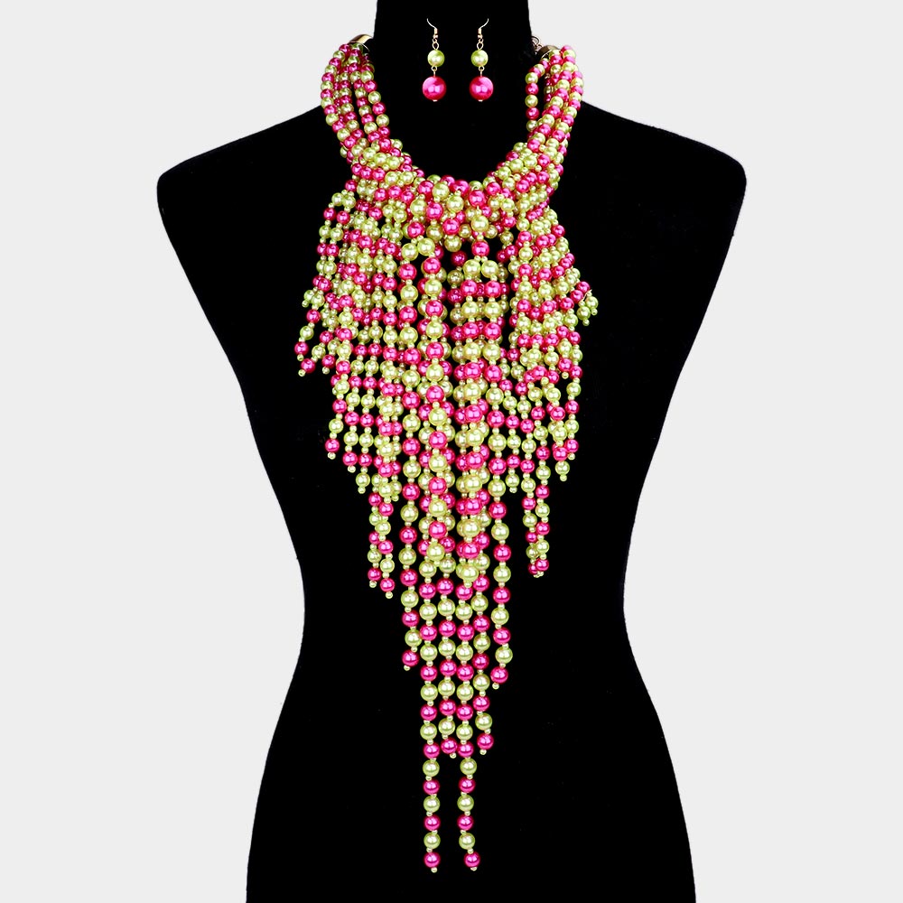 2 Multi Pearl Fringe Statement Necklace