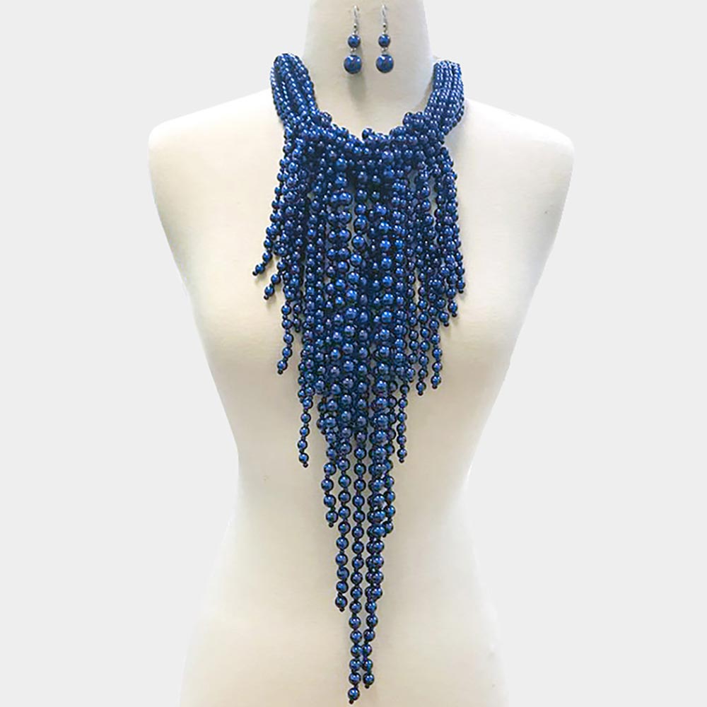 2 Multi Pearl Fringe Statement Necklace