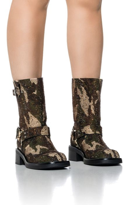 Azalea Wang Camo Rhinestone Embellished Combat Booties