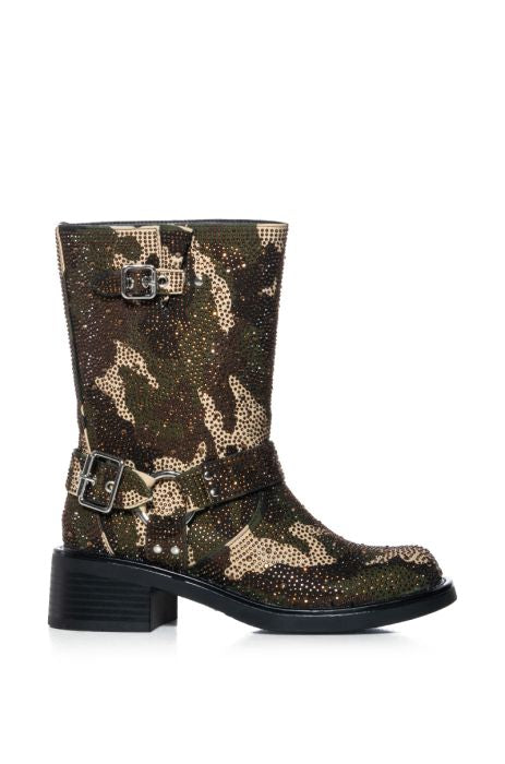 Azalea Wang Camo Rhinestone Embellished Combat Booties