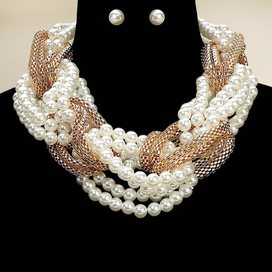 A Bold Braided Pearl Metal Mesh Knot Statement Necklace