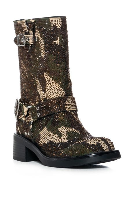 Azalea Wang Camo Rhinestone Embellished Combat Booties