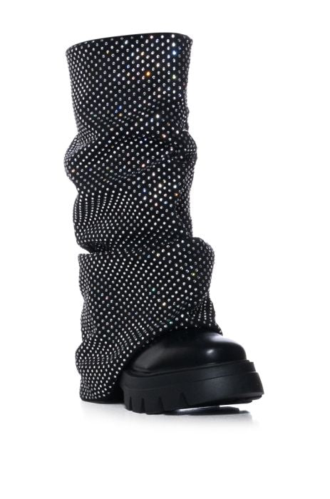 Azalea Wang Black Vegan Leather Rhinestone Diamond Overlay Boots