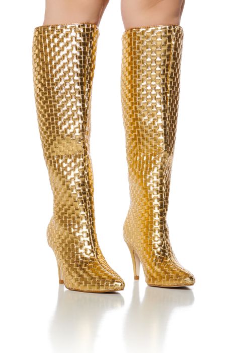 Azalea Wang Metallic Gold Woven Leather Knee High Boots