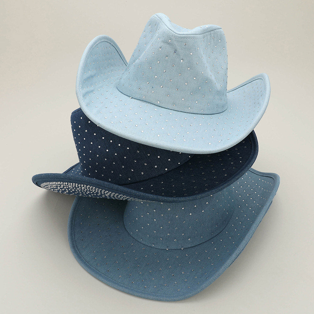 1 Western Denim Rhinestone Fedora Hat