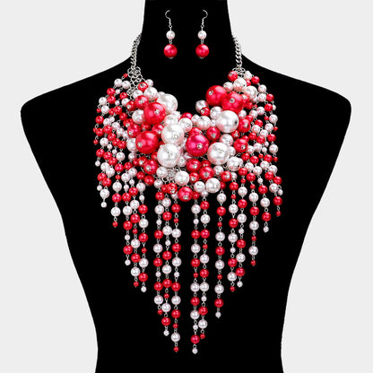 5 Multi Pearl Fringe Statement Necklace