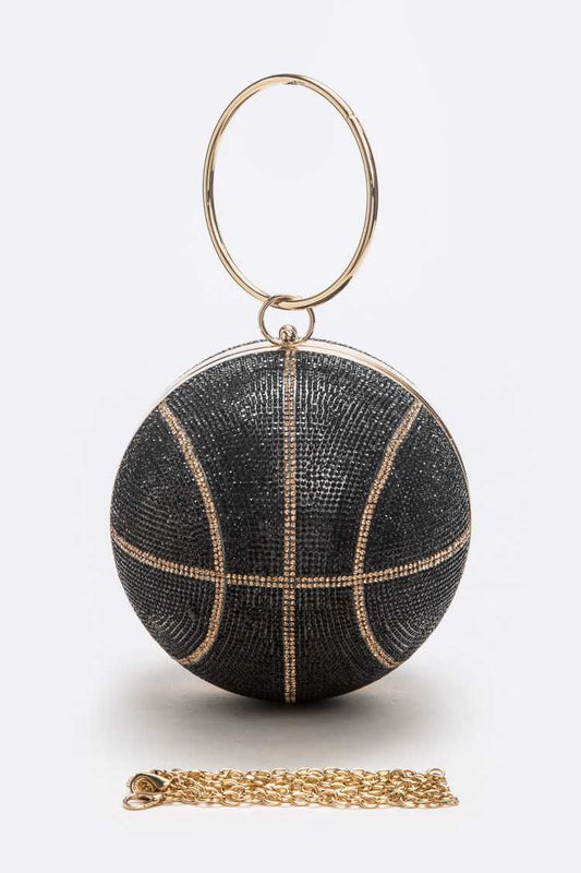 Black Crystal Pave Basketball Pendant Clutch (Large)