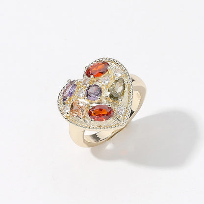 5 Colorful Cubic Zirconia Romantic Heart Gold Ring