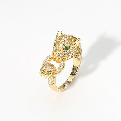 2 CZ Stone Paved Brass Metal Leopard Ring