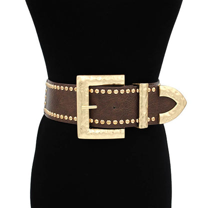 Ari Wide Faux Leather Hammered Studded Stretch Waist Belt