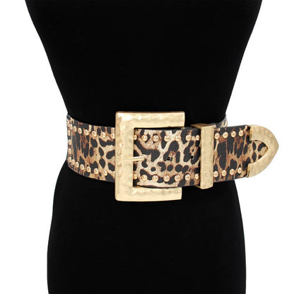 Ari Wide Faux Leather Hammered Studded Stretch Waist Belt
