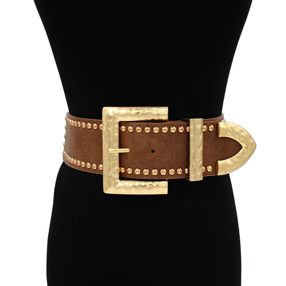 Ari Wide Faux Leather Hammered Studded Stretch Waist Belt