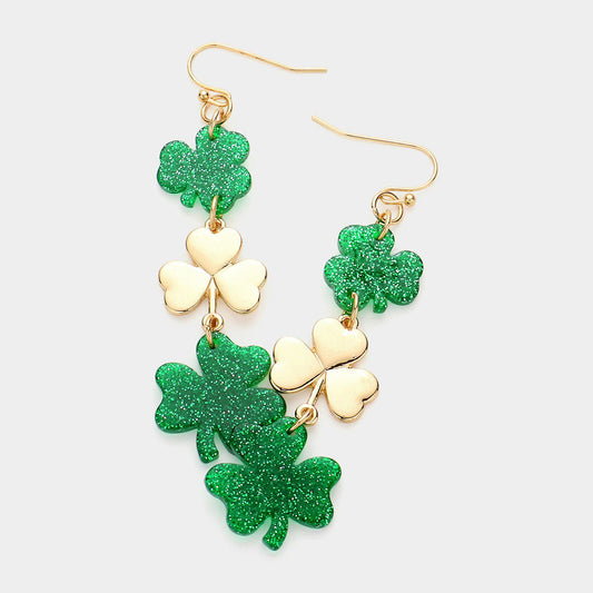 2 Green & Gold St Patricks Day Shamrock Clover Link Statement Earrings