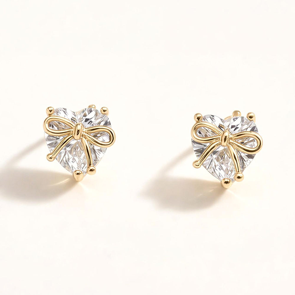 14K Gold Dipped Bow Accent CZ Heart Stud Earrings