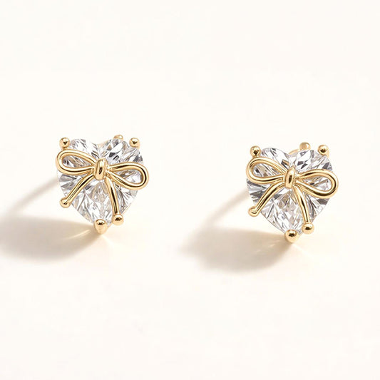 14K Gold Dipped Bow Accent CZ Heart Stud Earrings