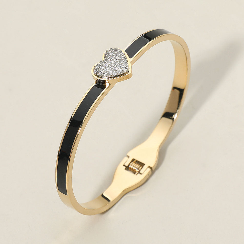 CZ Stone Paved Heart Accent Hinged Bangle Bracelet