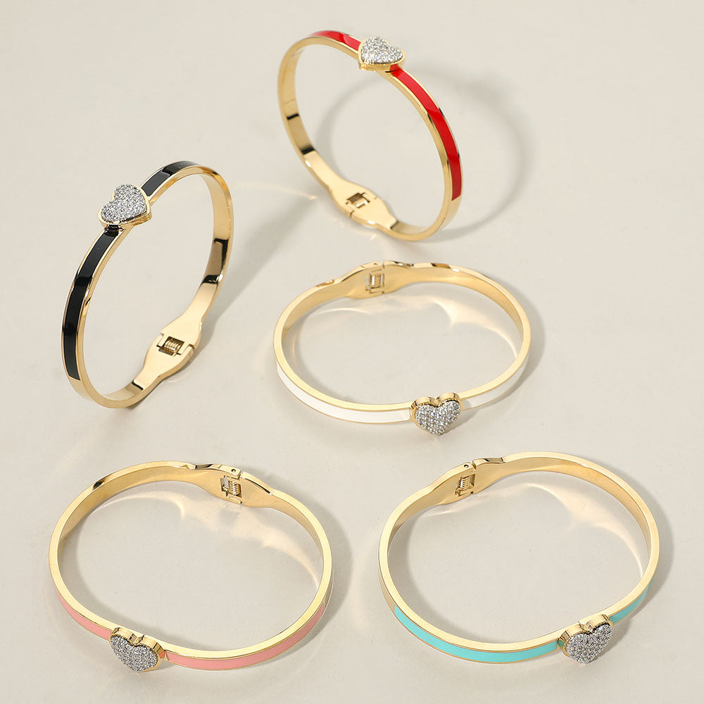 CZ Stone Paved Heart Accent Hinged Bangle Bracelet