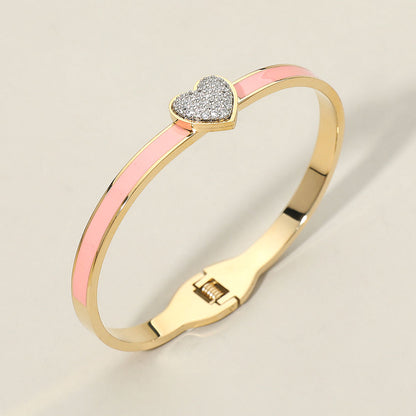 CZ Stone Paved Heart Accent Hinged Bangle Bracelet
