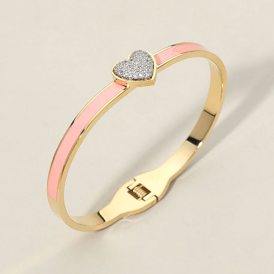 CZ Stone Paved Heart Accent Hinged Bangle Bracelet