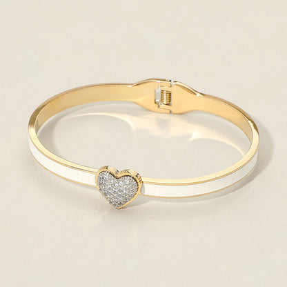CZ Stone Paved Heart Accent Hinged Bangle Bracelet