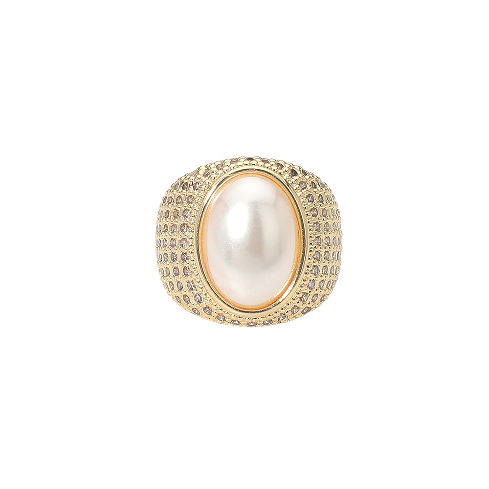 Gold Oval Pearl Centerpiece CZ Pave Statement Ring
