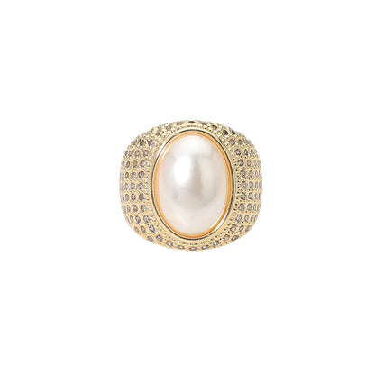 Gold Oval Pearl Centerpiece CZ Pave Statement Ring