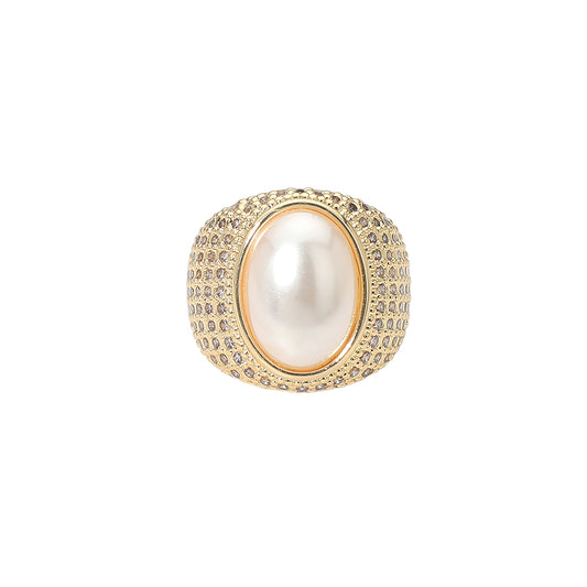 Gold Oval Pearl Centerpiece CZ Pave Statement Ring