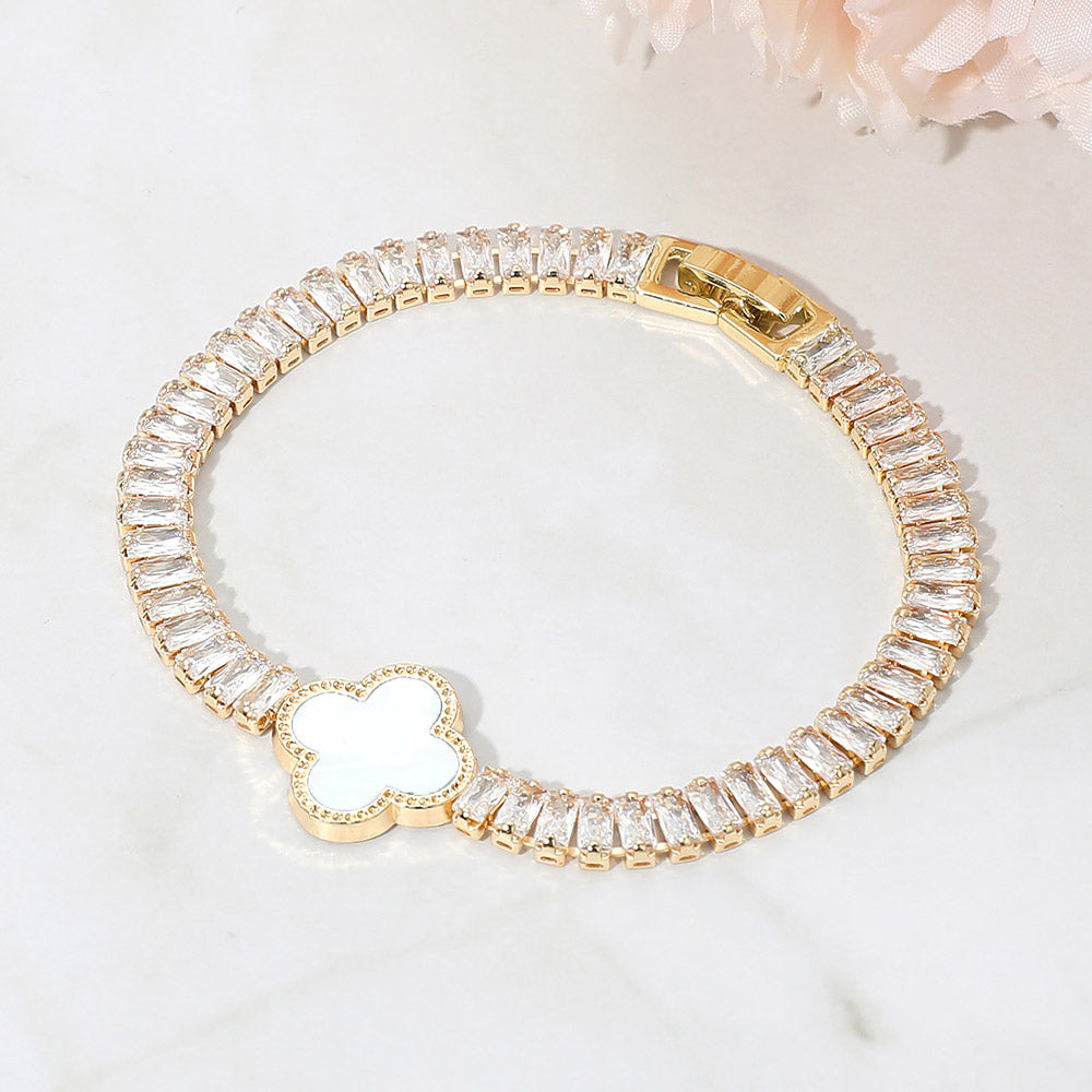 2 Quatrefoil Charm Accent CZ Baguette Cluster Link Bracelet