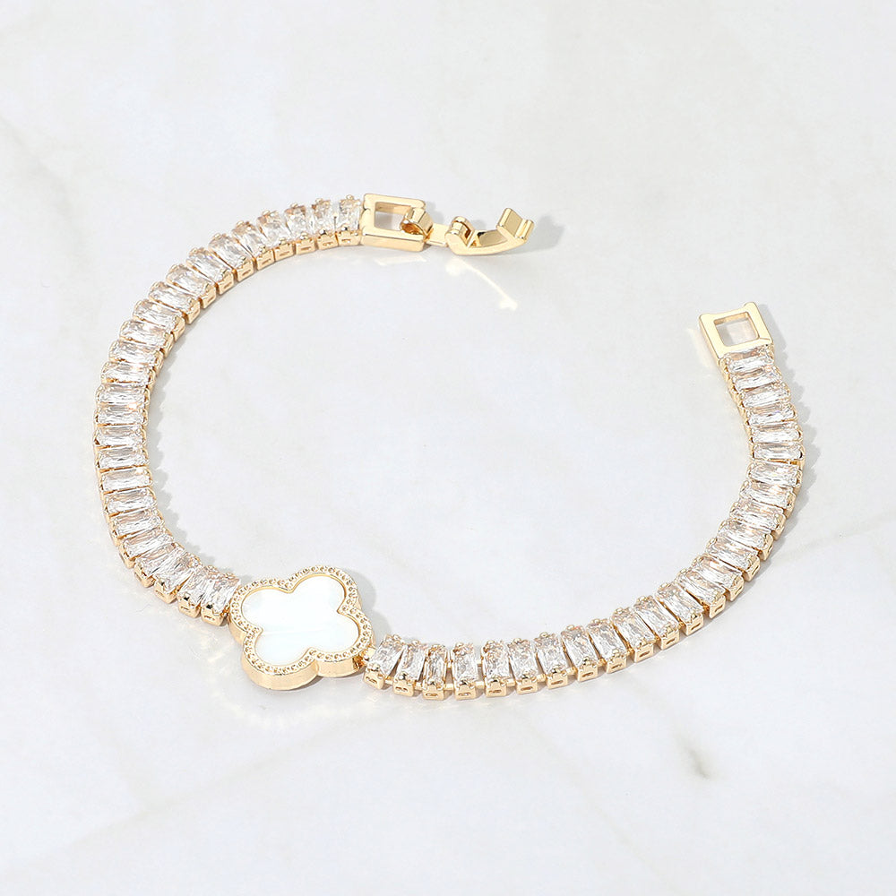 2 Quatrefoil Charm Accent CZ Baguette Cluster Link Bracelet