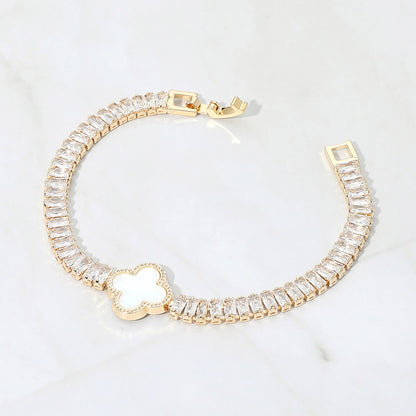 2 Quatrefoil Charm Accent CZ Baguette Cluster Link Bracelet