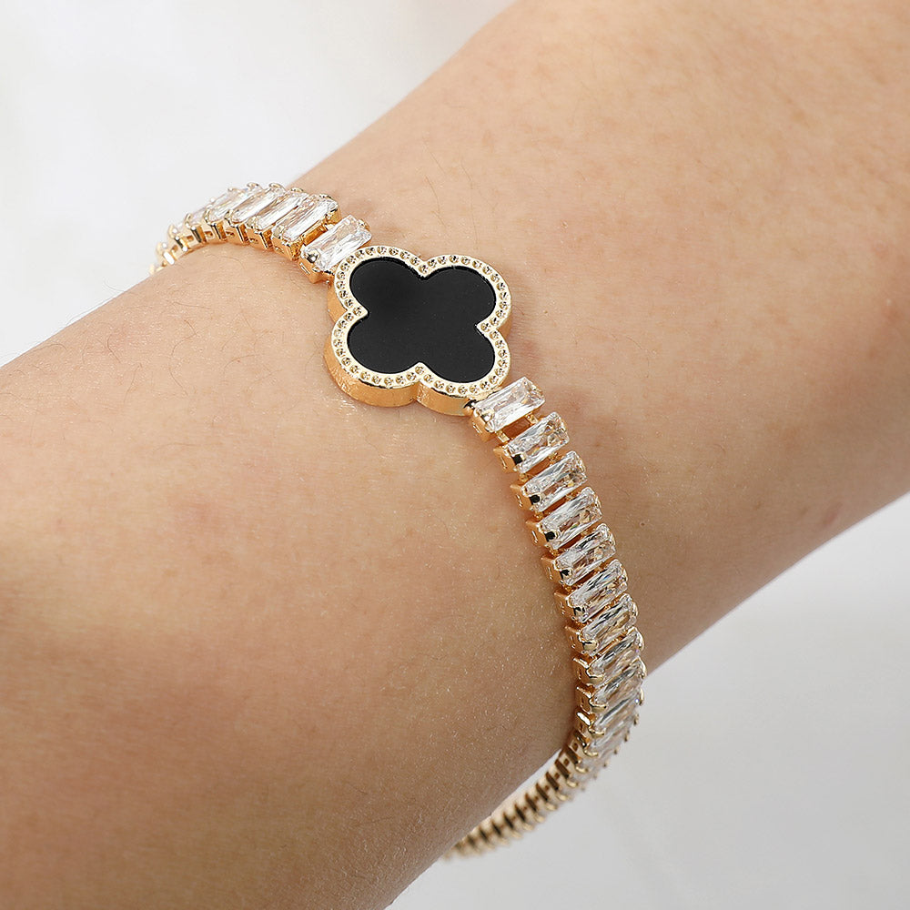 2 Quatrefoil Charm Accent CZ Baguette Cluster Link Bracelet