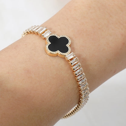 2 Quatrefoil Charm Accent CZ Baguette Cluster Link Bracelet