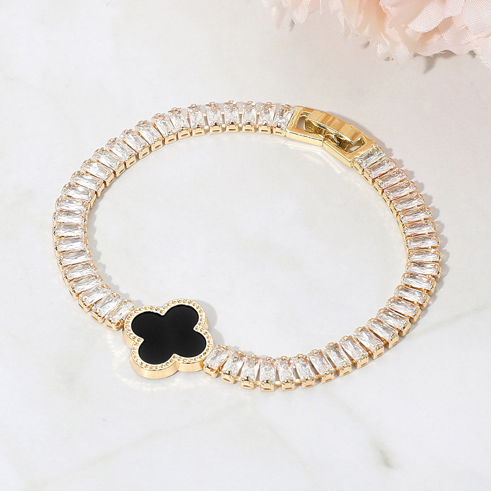 2 Quatrefoil Charm Accent CZ Baguette Cluster Link Bracelet