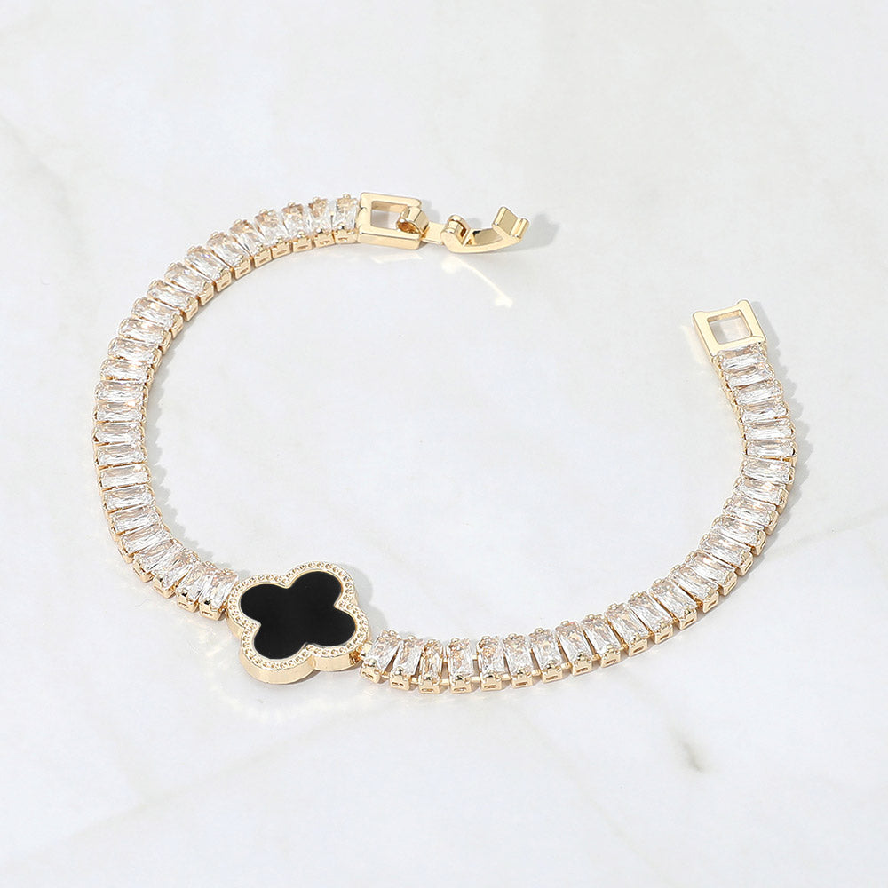 2 Quatrefoil Charm Accent CZ Baguette Cluster Link Bracelet