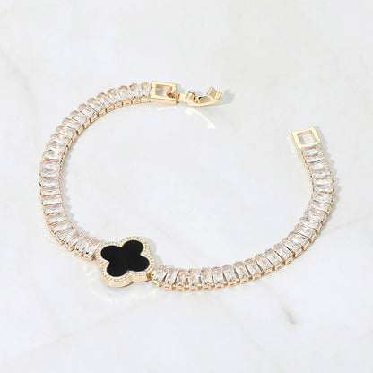 2 Quatrefoil Charm Accent CZ Baguette Cluster Link Bracelet