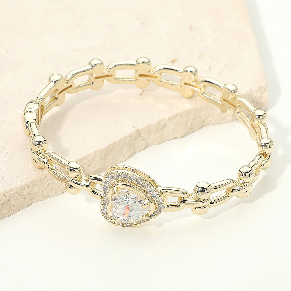 14K Gold Plated Heart CZ Stone Link Bangle Bracelet