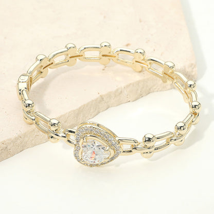 14K Gold Plated Heart CZ Stone Link Bangle Bracelet