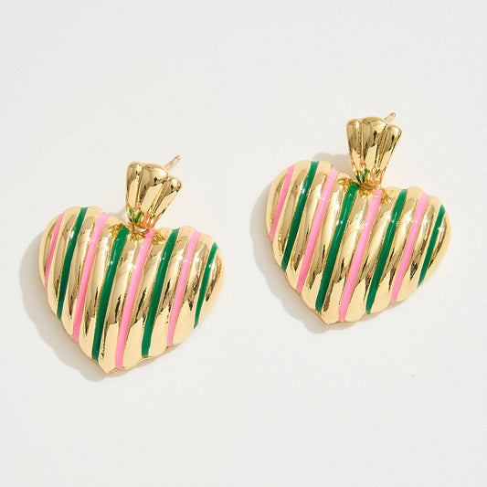 AKA Inspired 14K Gold Dipped Enamel Striped Heart Dangle Earrings