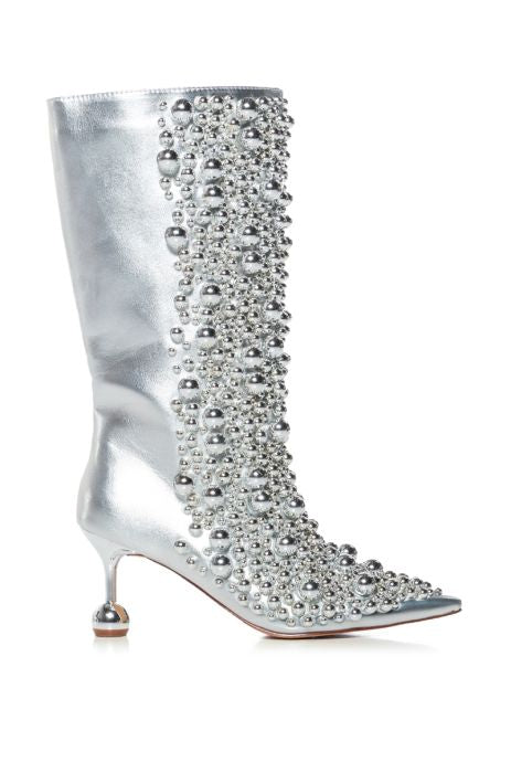 AZALEA WANG 1 Metallic Silver Ball Vegan Leather High Heel Boots