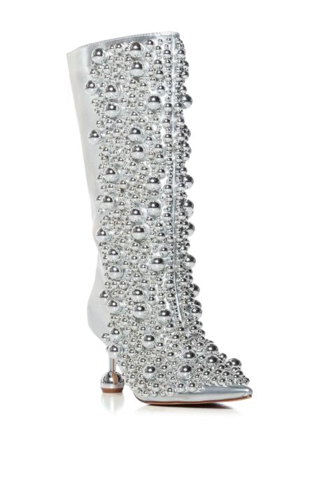 AZALEA WANG 1 Metallic Silver Ball Vegan Leather High Heel Boots