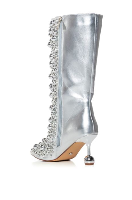 AZALEA WANG 1 Metallic Silver Ball Vegan Leather High Heel Boots