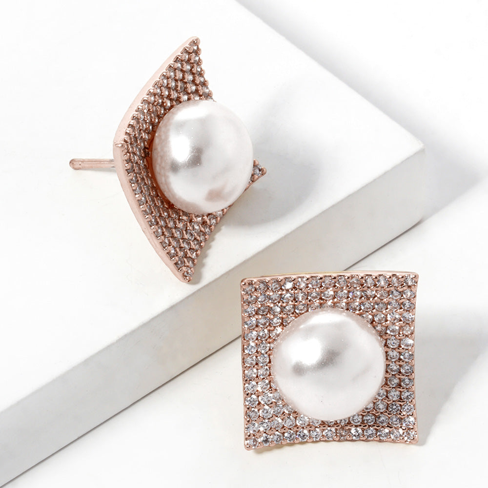 10K Rose Gold Dipped CZ Pearl Post Statement Earrings