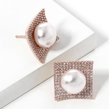 10K Rose Gold Dipped CZ Pearl Post Statement Earrings