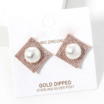 10K Rose Gold Dipped CZ Pearl Post Statement Earrings