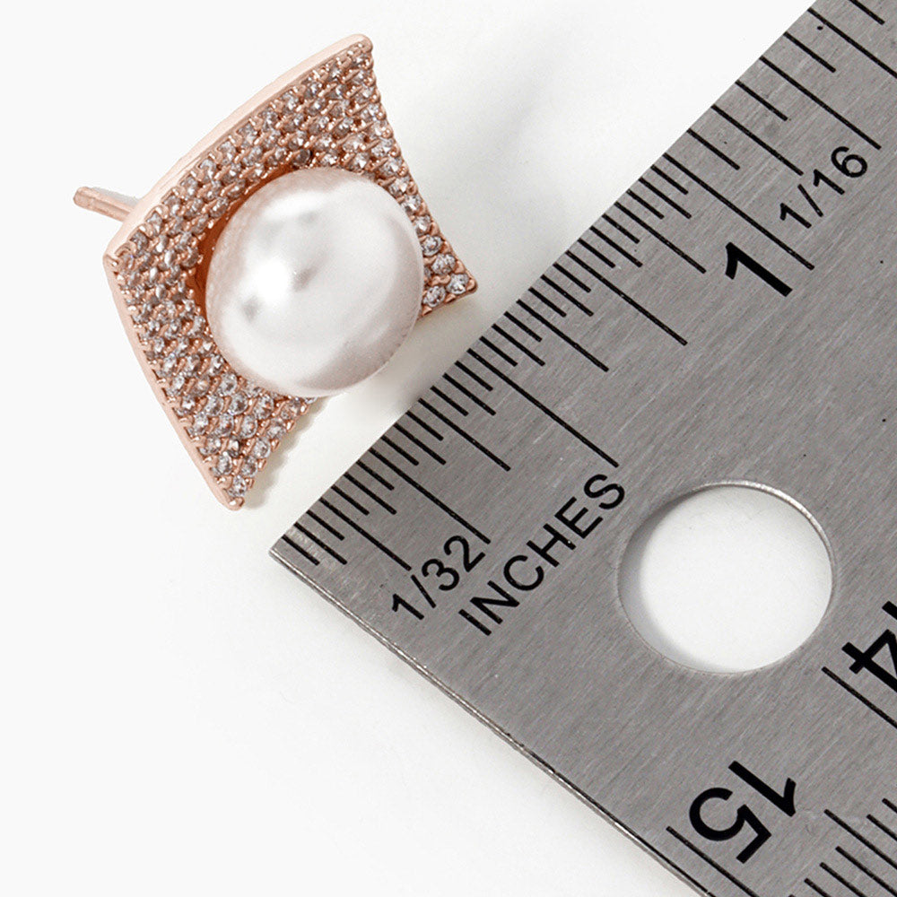 10K Rose Gold Dipped CZ Pearl Post Statement Earrings