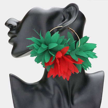 1 Oversized Fabric Floral Petal Statement Hoop Earrings