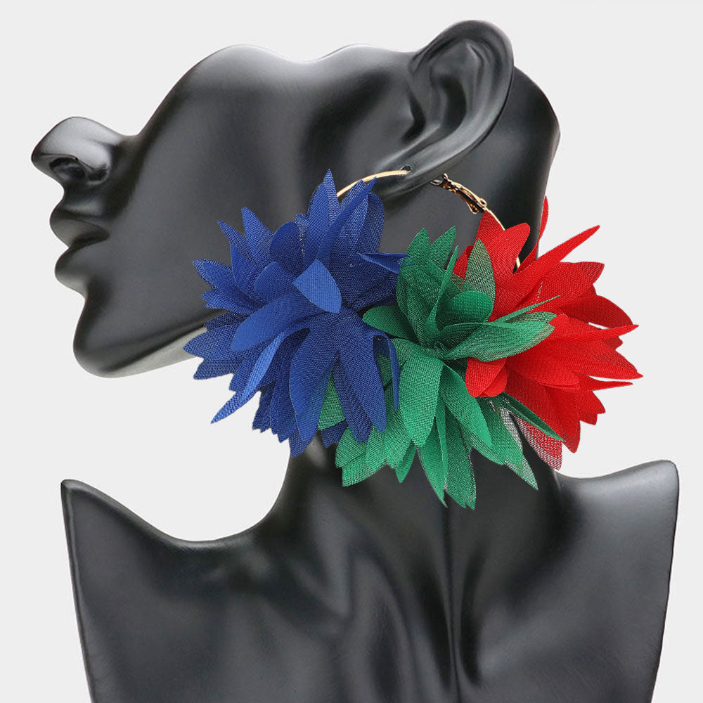 1 Oversized Fabric Floral Petal Statement Hoop Earrings