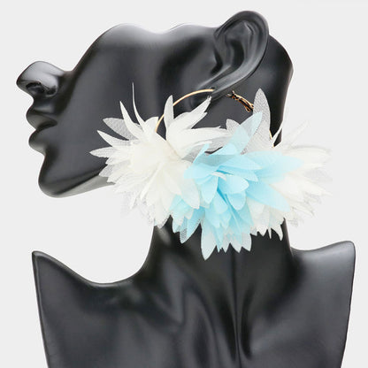 1 Oversized Fabric Floral Petal Statement Hoop Earrings