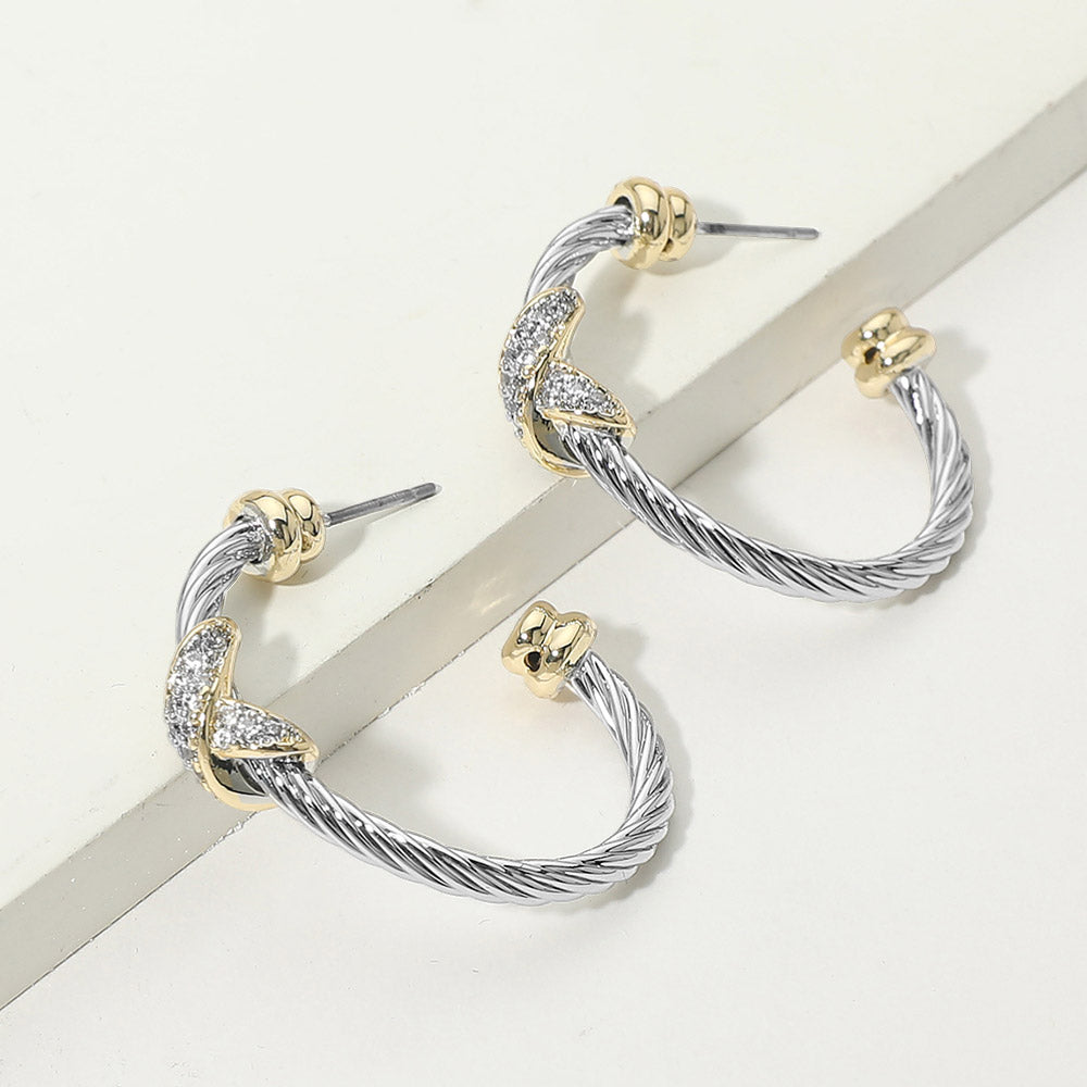 14K Gold CZ Pave Crisscross Twisted Cable Hoop Earrings