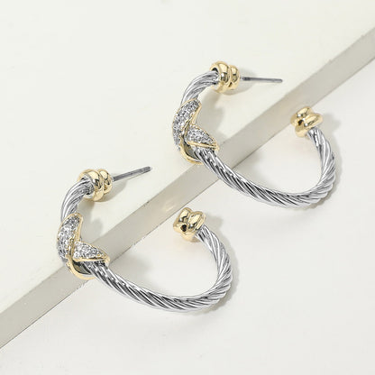 14K Gold CZ Pave Crisscross Twisted Cable Hoop Earrings